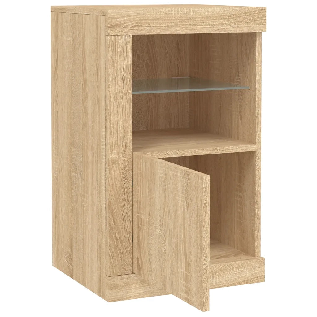 Mobiletto laterale dal design contemporaneo con illuminazione a LED 41 x 37 x 67 cm realizzato in legno ingegnerizzato di rovere Sonoma 02_0049367