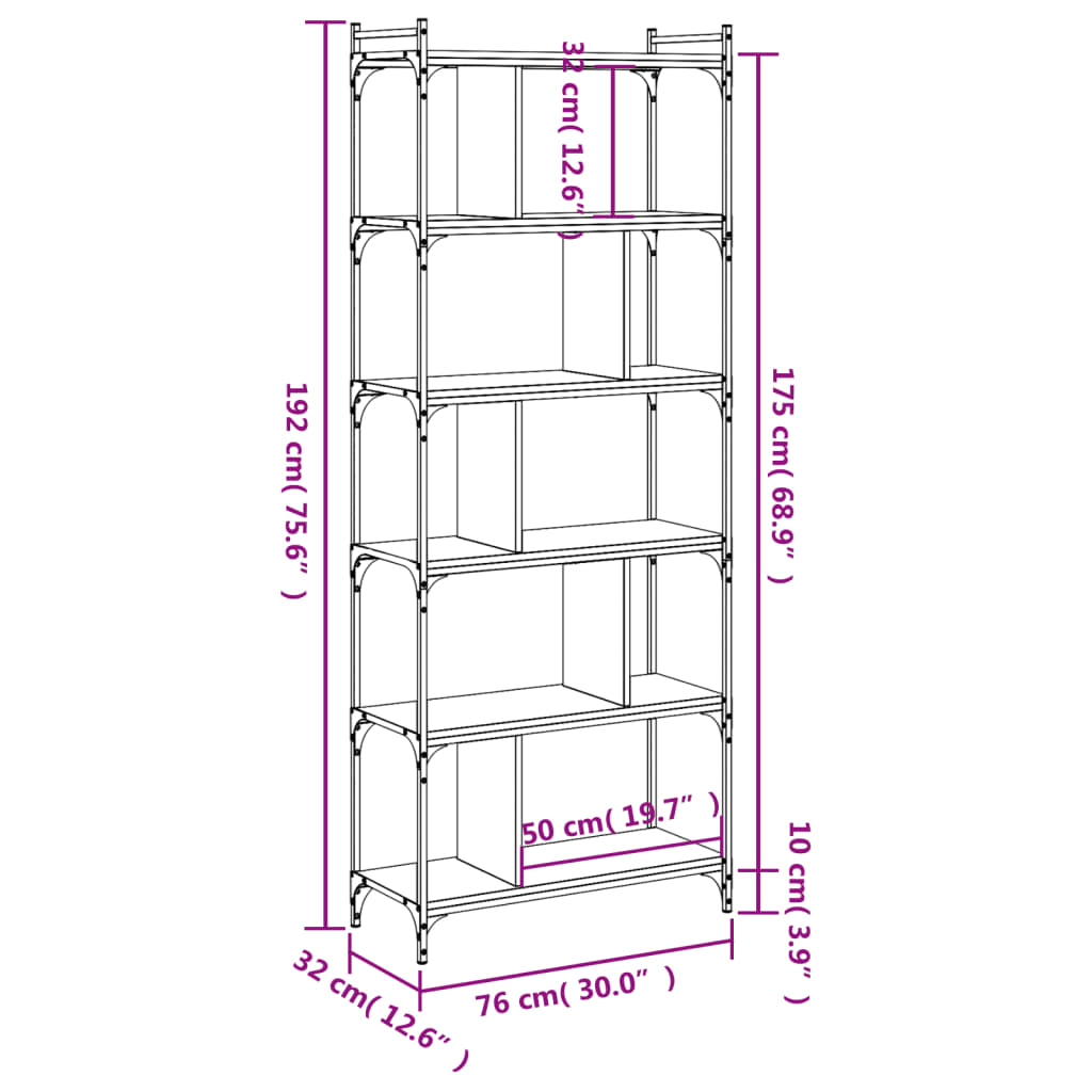Libreria-Scaffale per Libri-Mobile di Stoccaggio Grigio Sonoma 6 Ripiani 76x32x192 cm Legno Multistrato