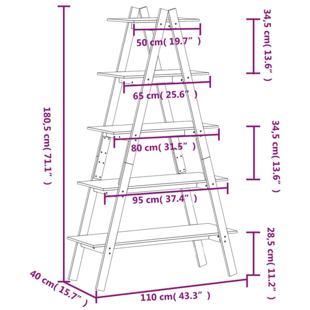 Scaffale 5 Ripiani a Forma di A 110x40x180,5 cm Massello Pino 832331