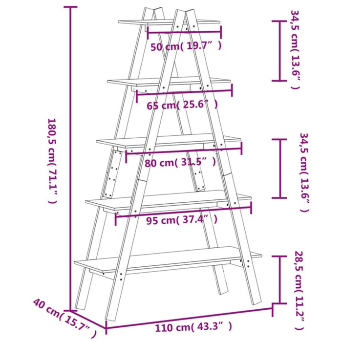 Scaffale 5 Ripiani a Forma di A 110x40x180,5 cm Massello Pino 832331