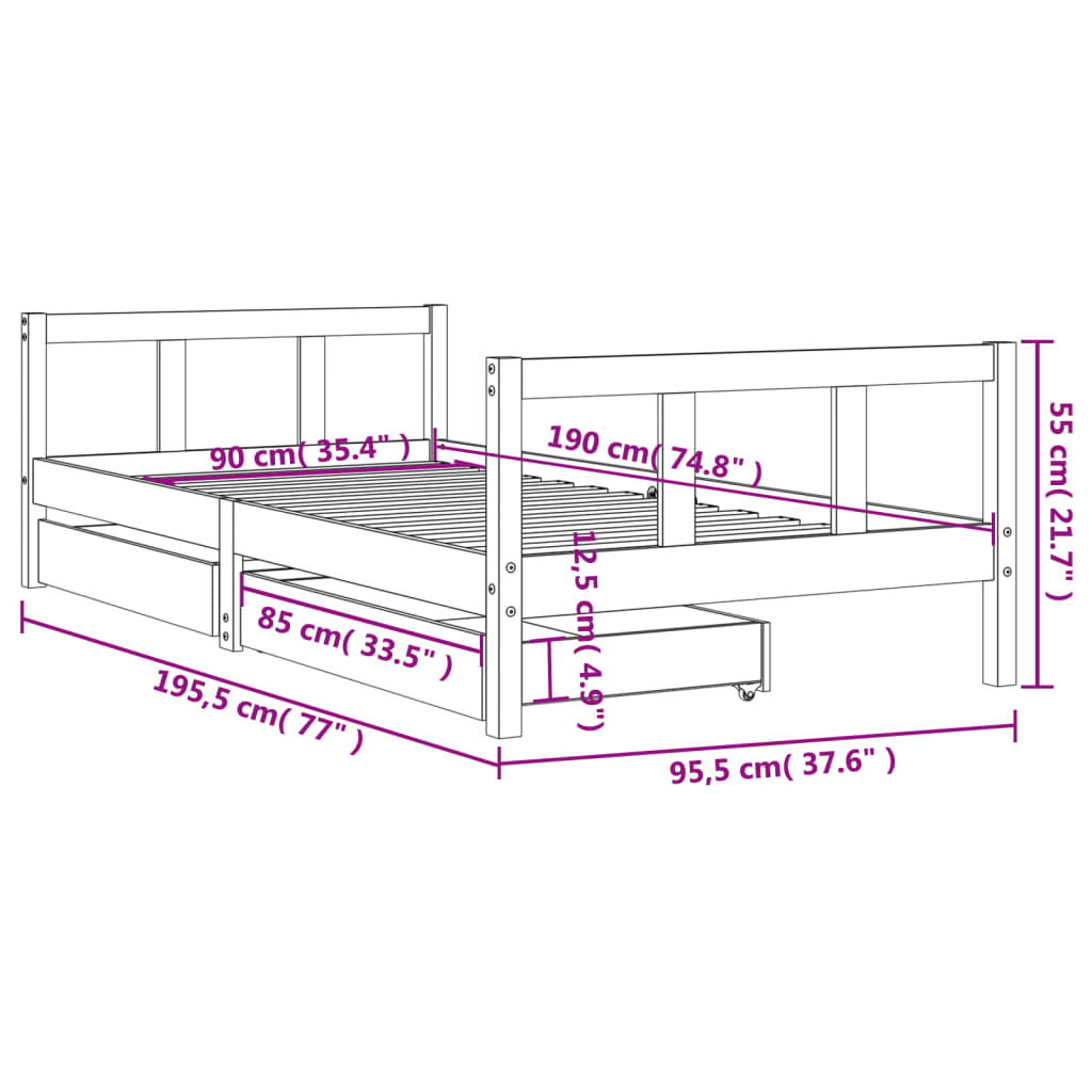Giroletto per Bambini con Cassetti 90x190cm Legno Massello Pino 834417