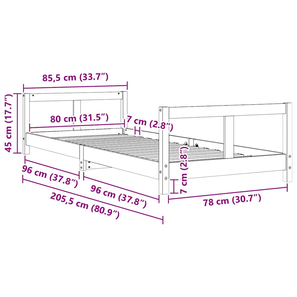 Giroletto per Bambini Nero 80x200 cm in Legno Massello di Pino 834422