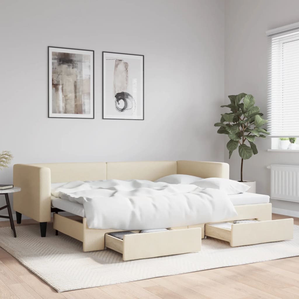 Divano Letto Estraibile con Cassetti Crema 90x200 cm in Tessuto