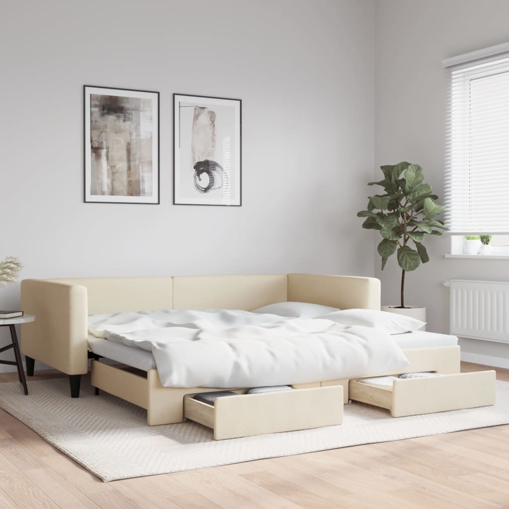 Divano Letto Estraibile con Cassetti Crema 100x200cm in Tessuto 3196623