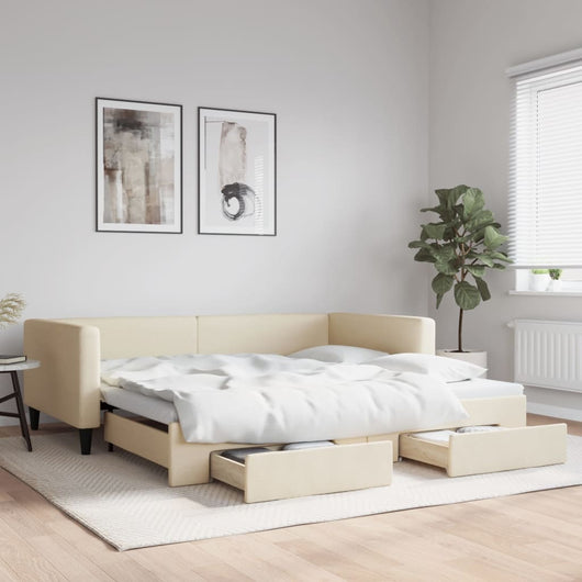 Divano Letto Estraibile con Cassetti Crema 100x200cm in Tessuto 3196623