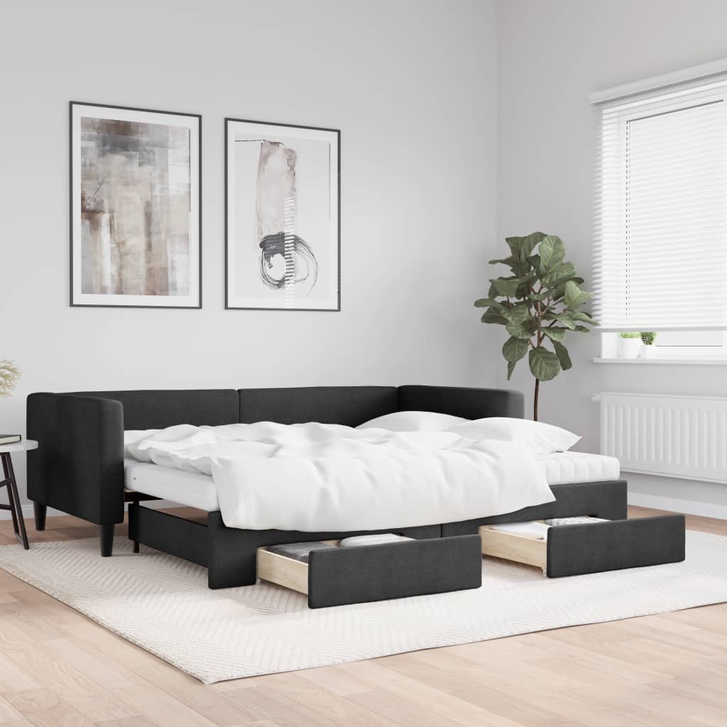 Divano Letto Estraibile con Cassetti Nero 90x190 cm in Tessuto