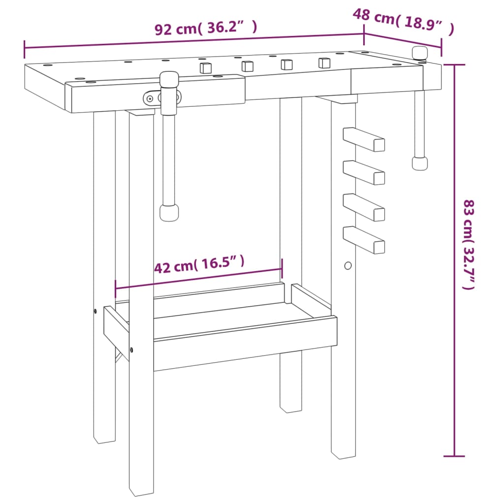 Banco da Lavoro con Morse 92x48x83 cm Legno Massello di Acacia cod mxl 14943