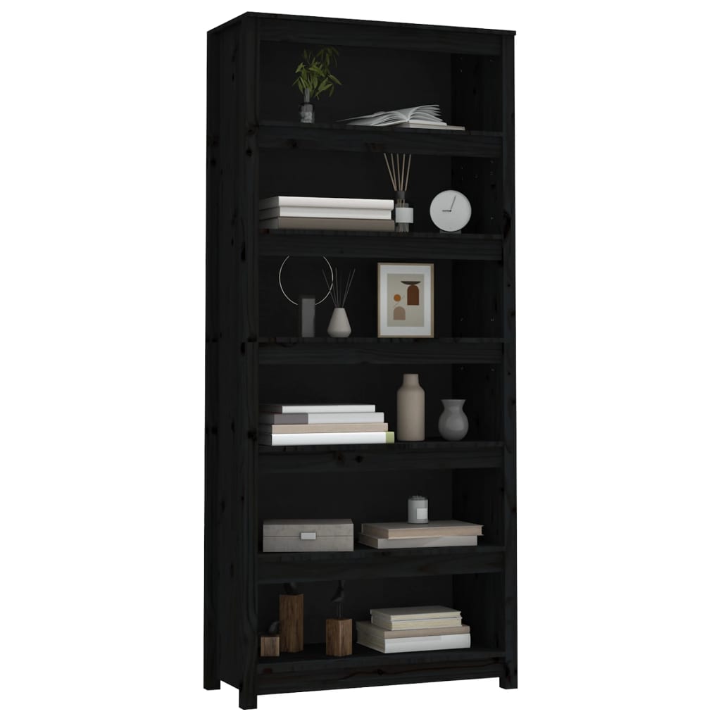 Libreria Nera 80x35x183 cm in Legno Massello di Pino 821698