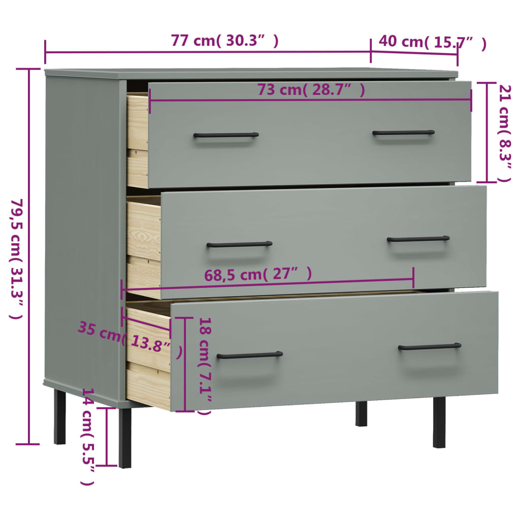Credenza con 3 Cassetti Grigio 77x40x79,5cm Legno Massello OSLO 350980