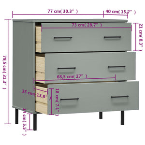 Credenza con 3 Cassetti Grigio 77x40x79,5cm Legno Massello OSLO 350980