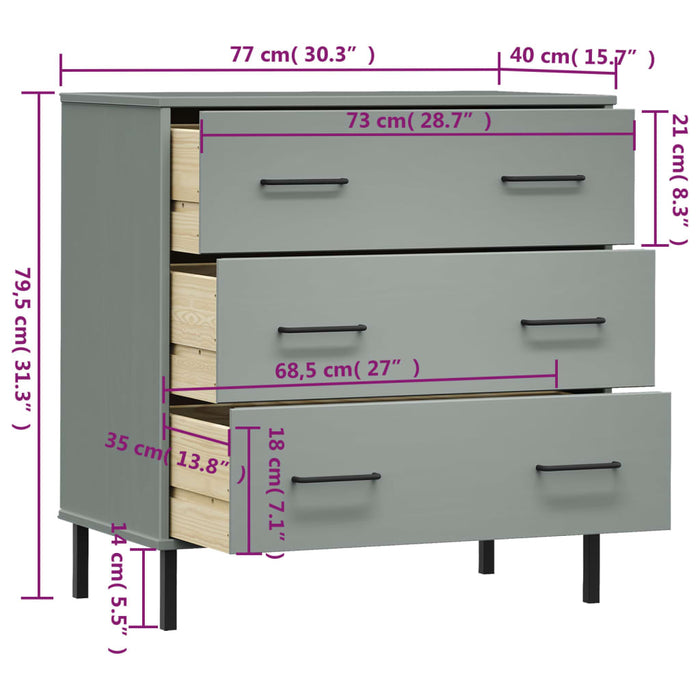 Credenza con 3 Cassetti Grigio 77x40x79,5cm Legno Massello OSLO 350980