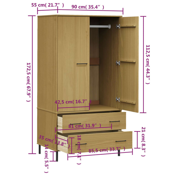 Armadio Gambe Metallo Marrone 90x55x172,5cm Legno Massello OSLO cod mxl 64660