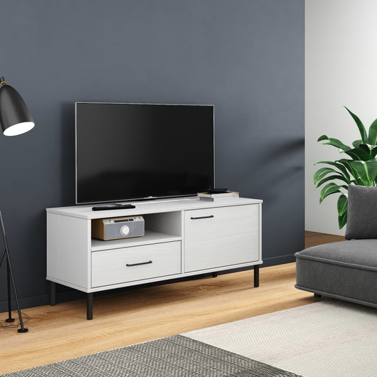 Mobile TV con Gambe-Credenza TV-Console TV Metallo Bianco Legno Massello di Pino OSLO 846604