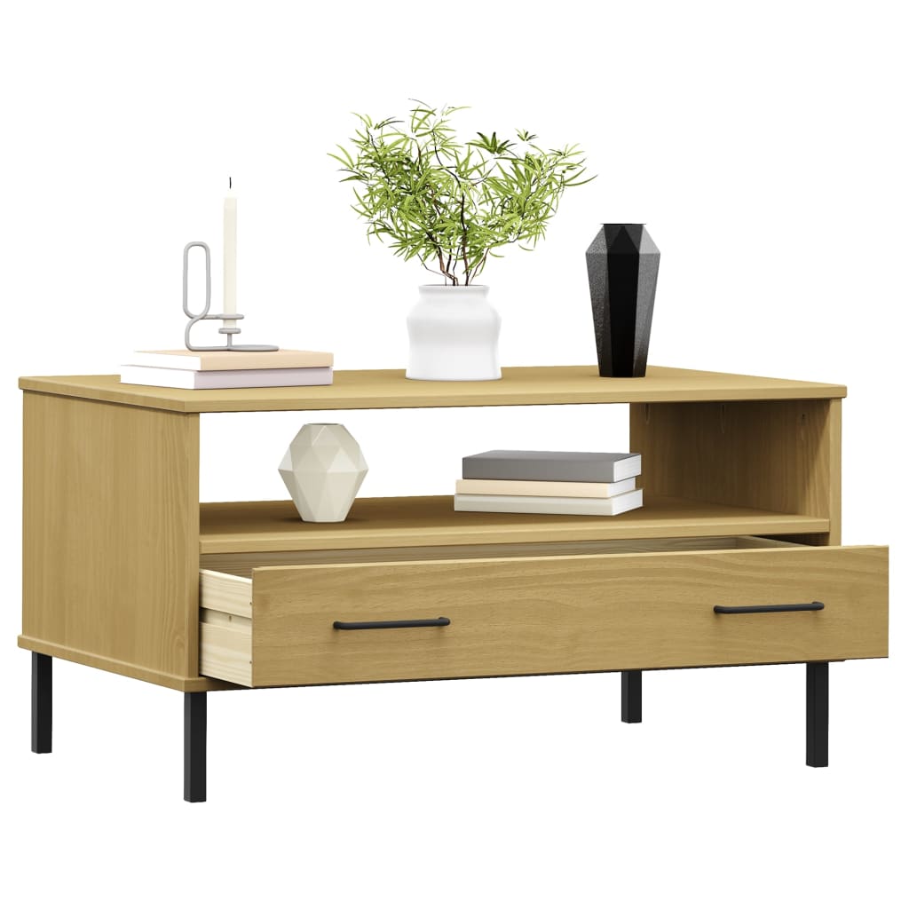 Tavolino Gambe Metallo Marrone 85x50x45 cm Legno Massello OSLO 351033