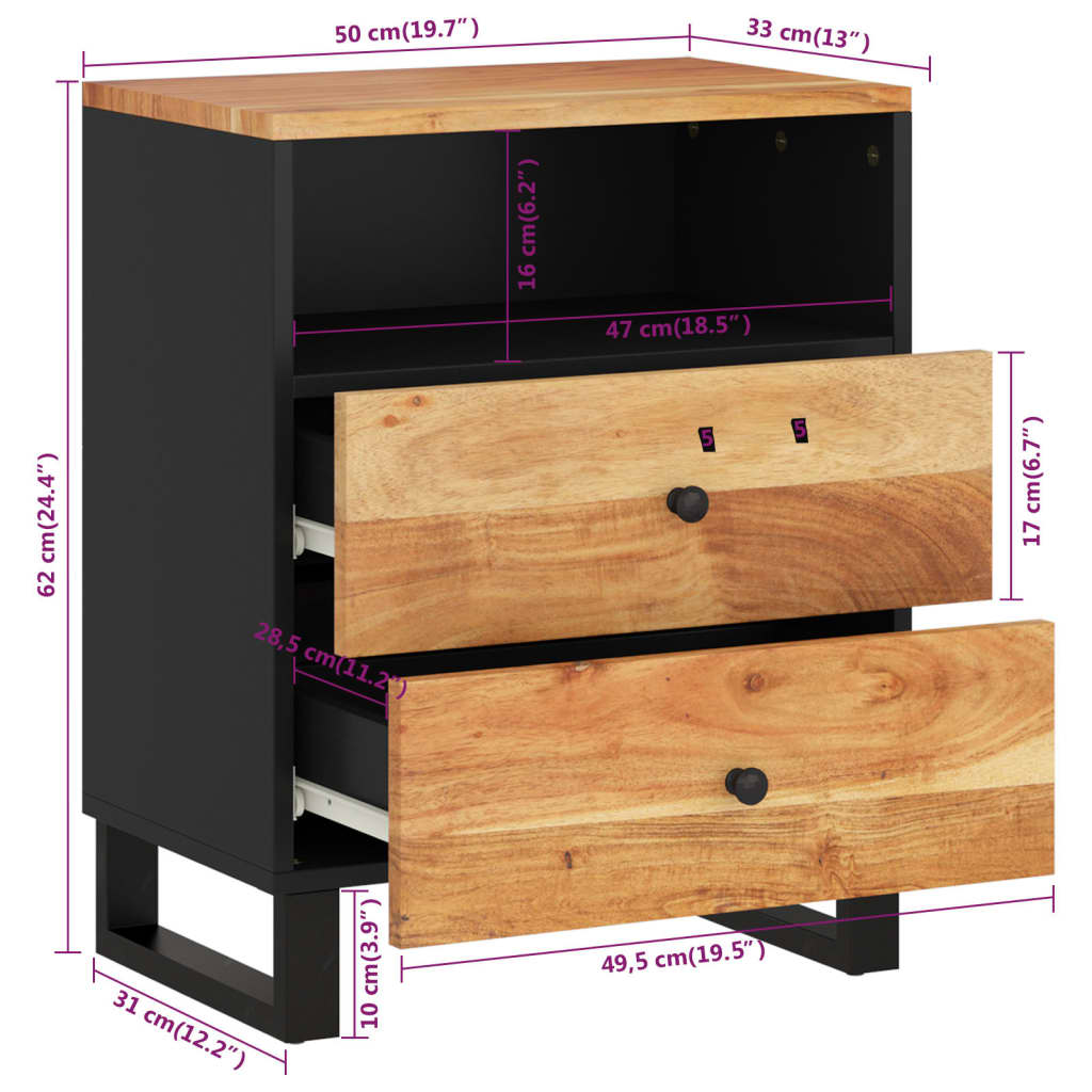 Comodino 50x33x62 cm Legno Massello Acacia e Legno Multistrato 350665