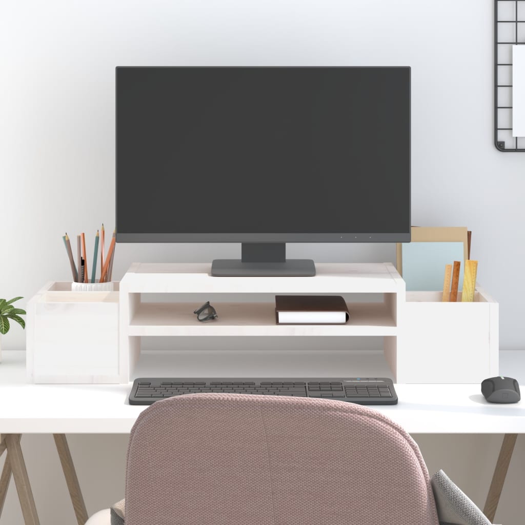 Supporto per Monitor Bianco 70x27,5x15cm Legno Massello di Pino 813965