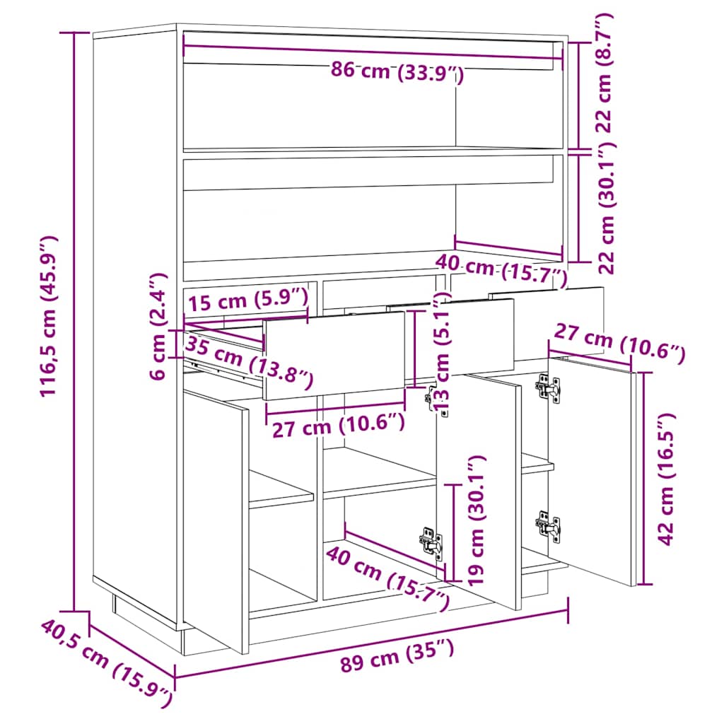 Credenza Grigia 89x40x116,5 cm in Legno Massello di Pino 818217