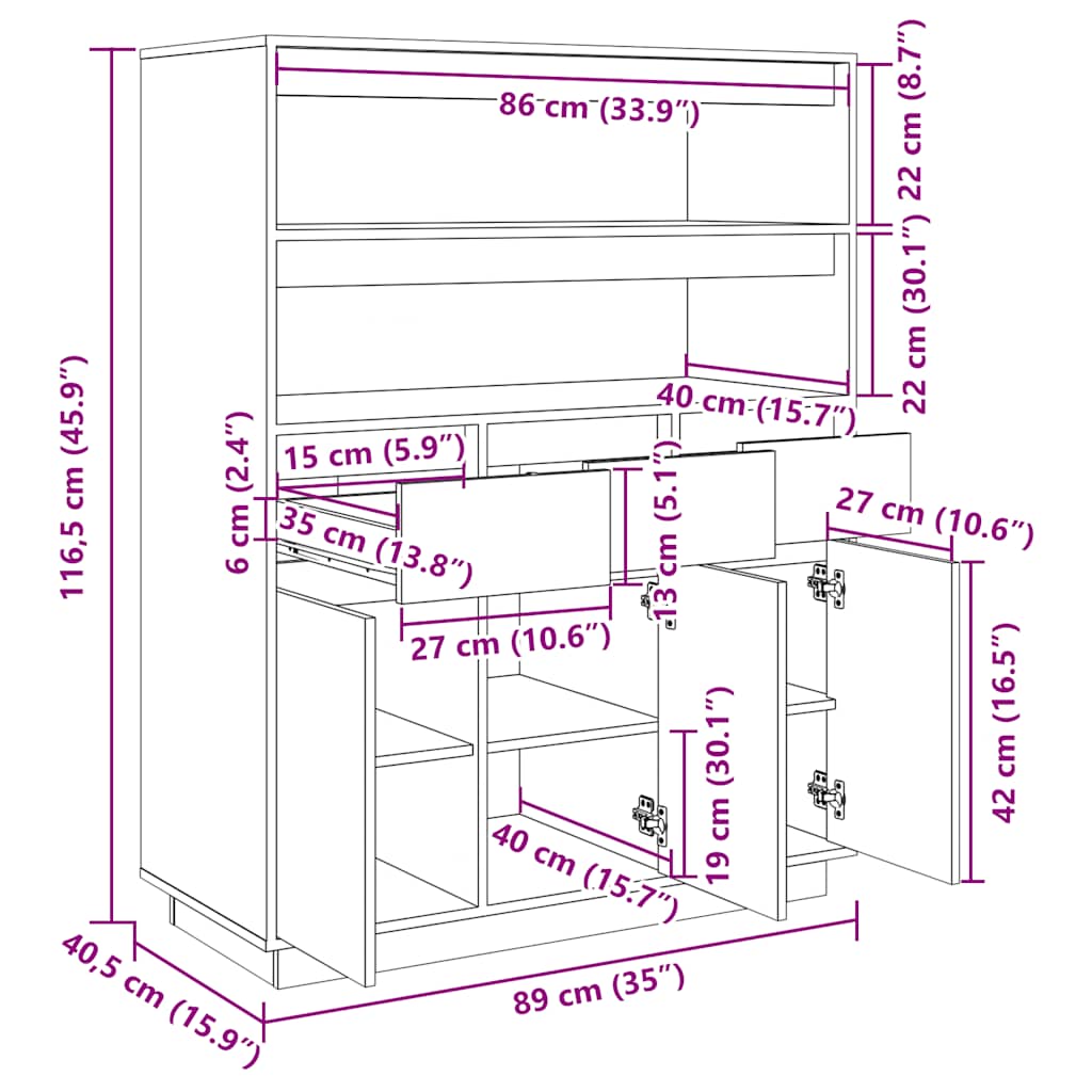 Credenza Nera 89x40x116,5 cm in Legno Massello di Pino 818219