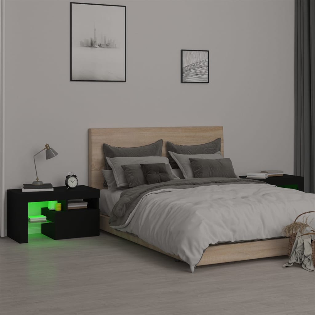 Comodini 2 pz con Luci a LED-Set di 2 Tavolino da notte Neri 70x36,5x40 cm