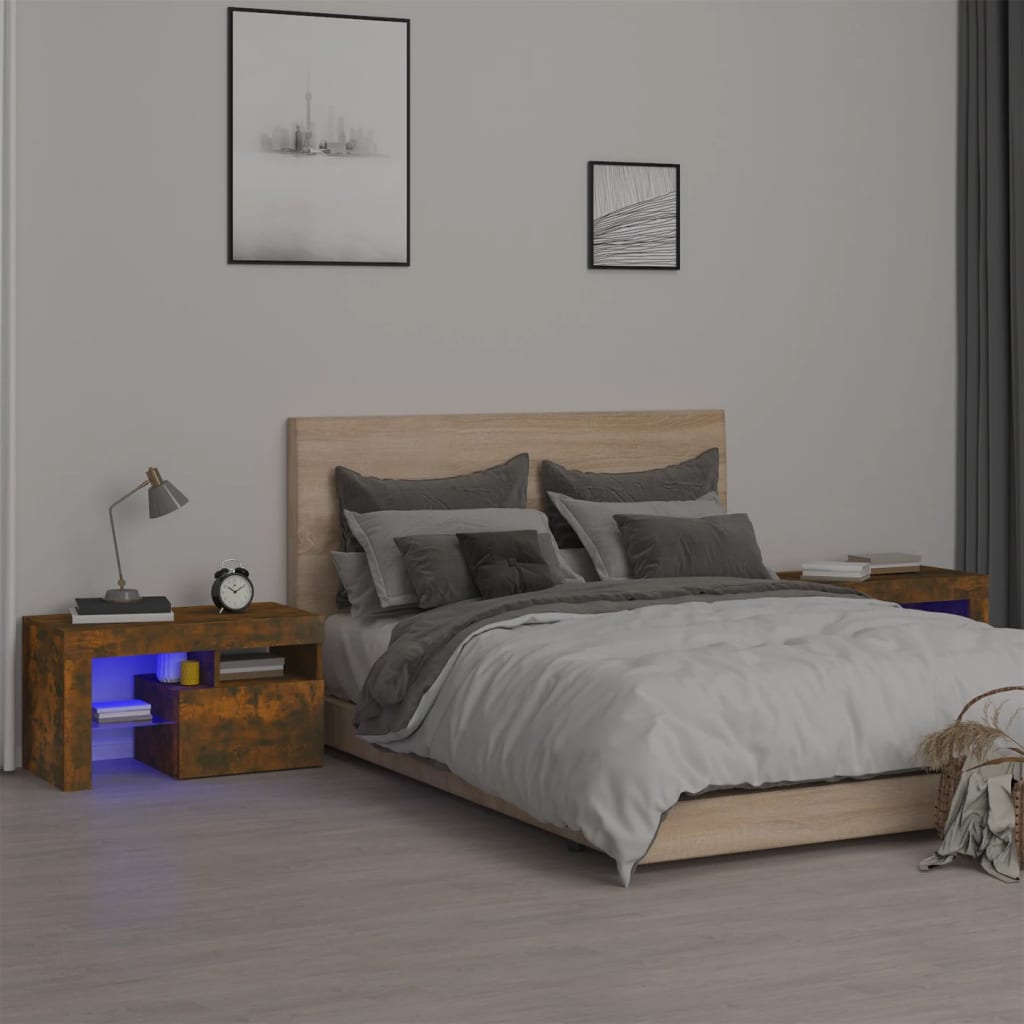 Comodini 2 pz con Luci LED Rovere Fumo 70x36,5x40 cm 3152775