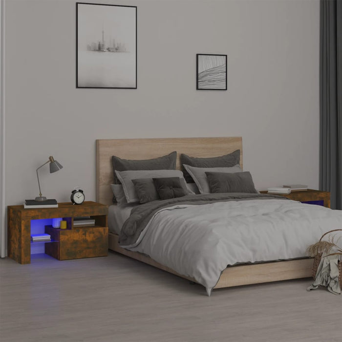 Comodini 2 pz con Luci LED Rovere Fumo 70x36,5x40 cm 3152775