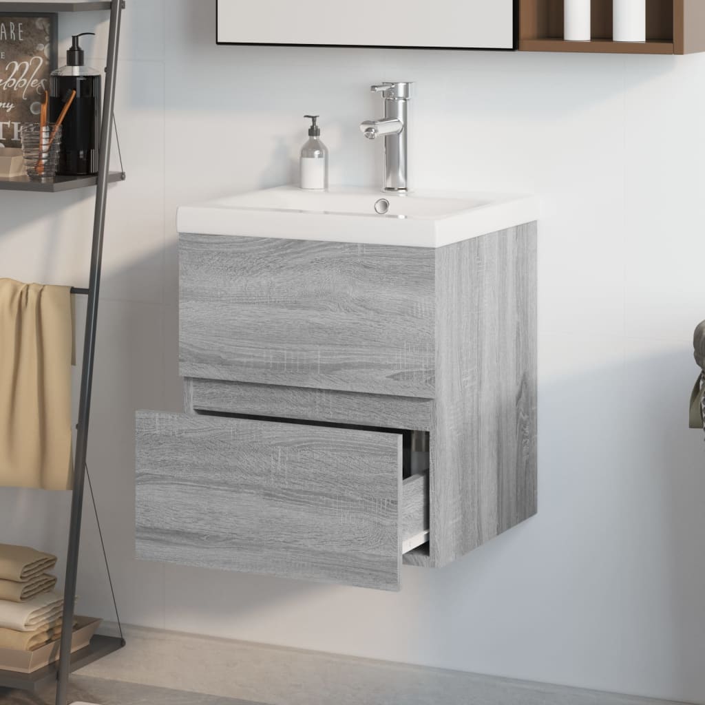 Mobile Bagno e Lavabo Integrato-Lavandino-Armadietto da bagno Grigio Sonoma Legno Multistrato 742707