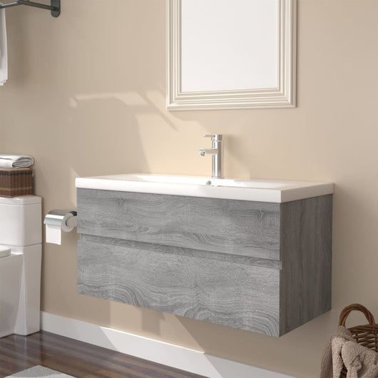 Mobile Bagno e Lavabo Integrato-Lavandino-Armadietto da bagno Grigio Sonoma Legno Multistrato 887131