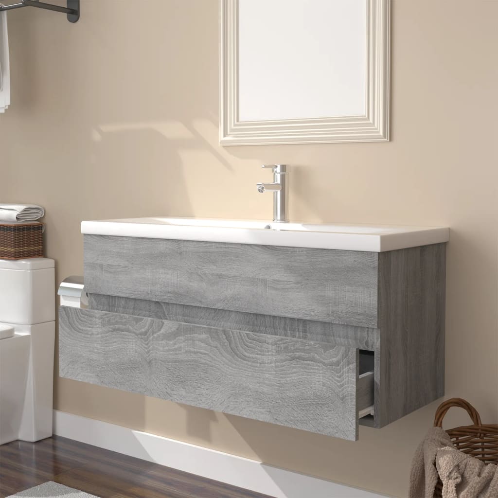 Mobile Bagno e Lavabo Integrato-Lavandino-Armadietto da bagno Grigio Sonoma Legno Multistrato 735340