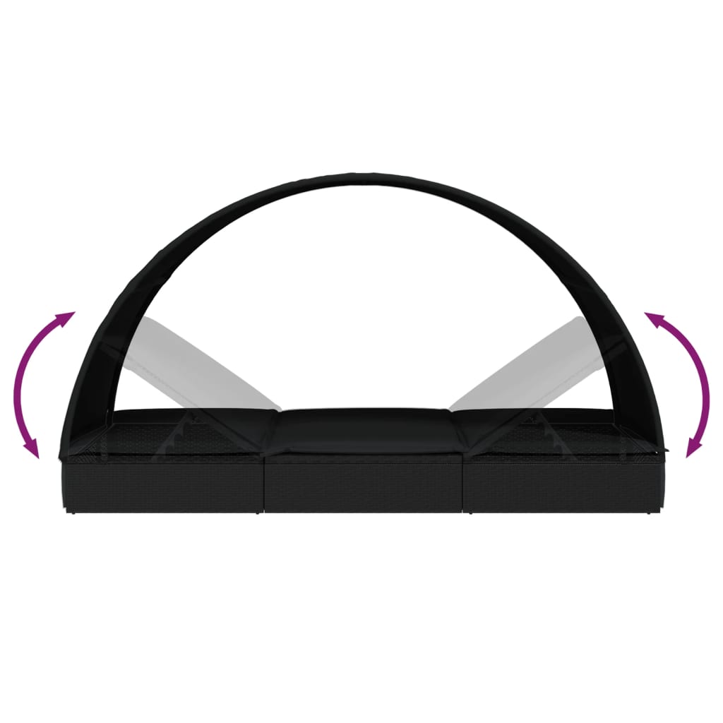 Lettino con Tetto Rotondo Nero 211x57x140 cm Polyrattan 319644