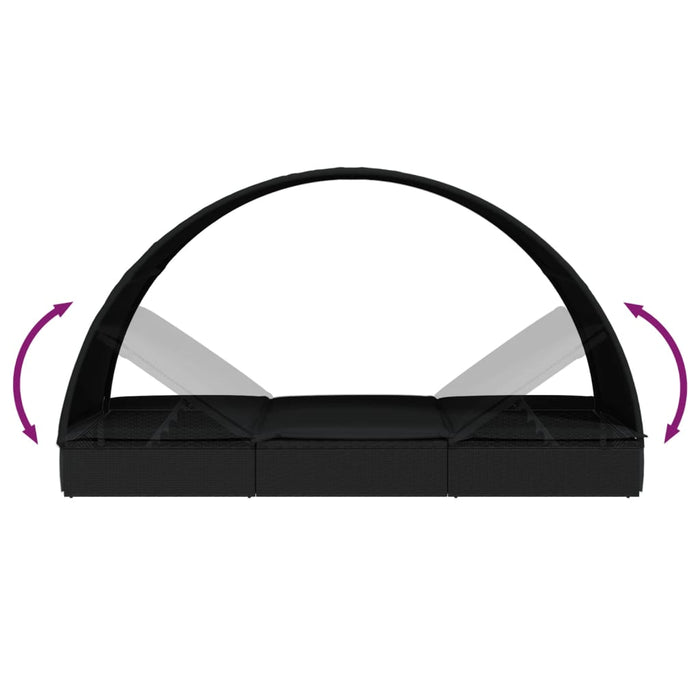 Lettino con Tetto Rotondo Nero 211x57x140 cm Polyrattan 319644