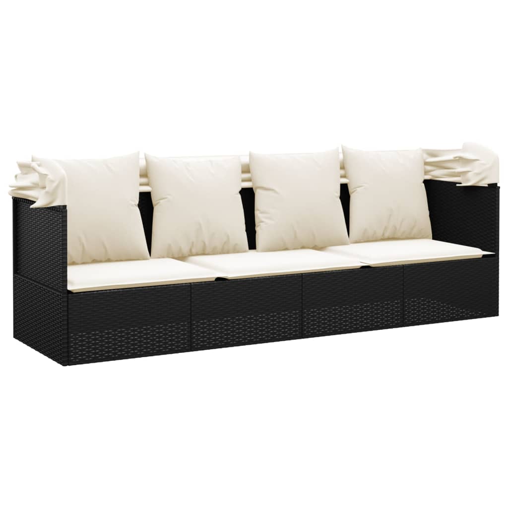 Lettino lounge da esterno 203 x 58 x 56 cm tetto e cuscini resina intrecciata nera 02_0012022