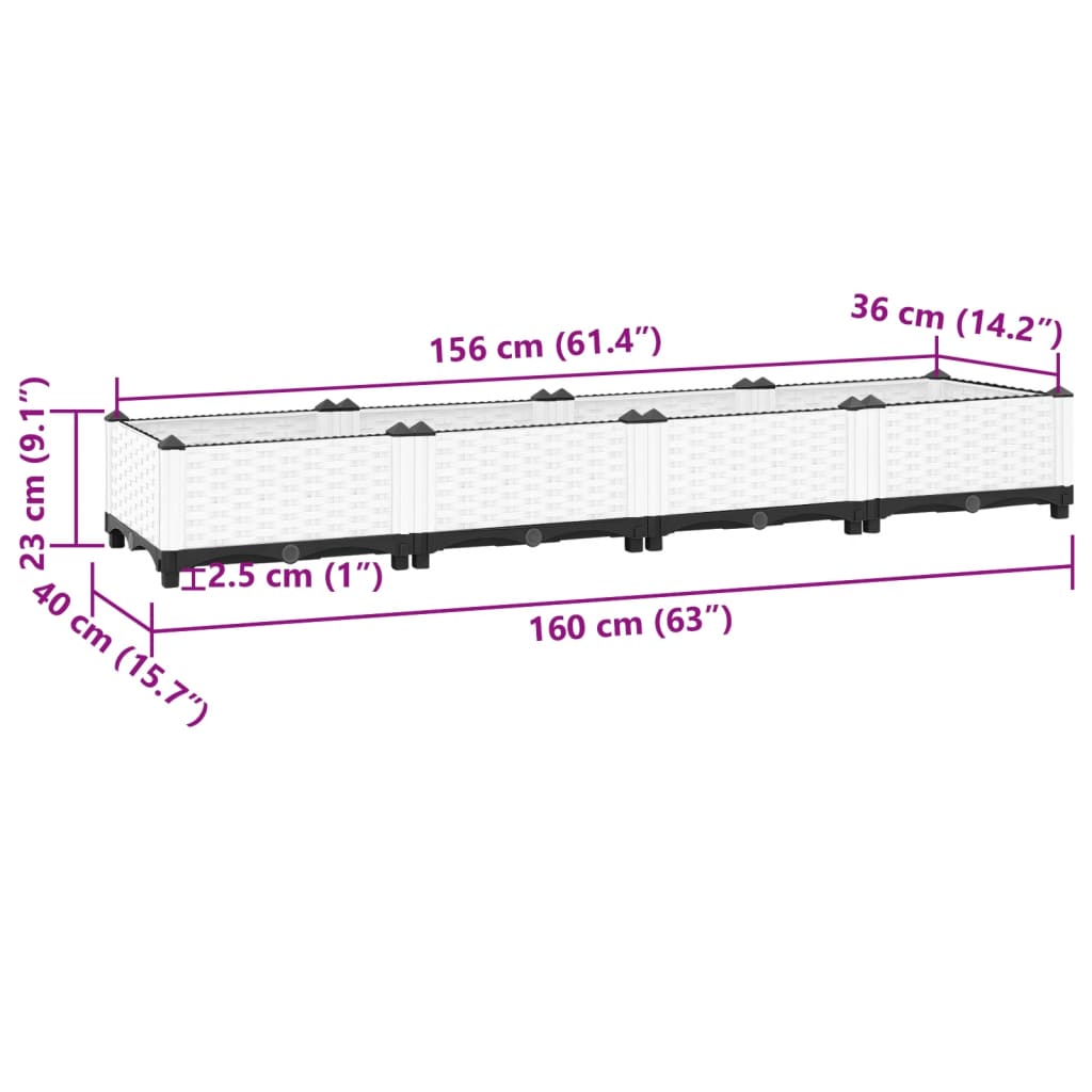 Vassoio per fioriera aiuola rialzata piante fiori terrazza giardino 160 x 40 x 23 cm polipropilene bianco 02_0039212