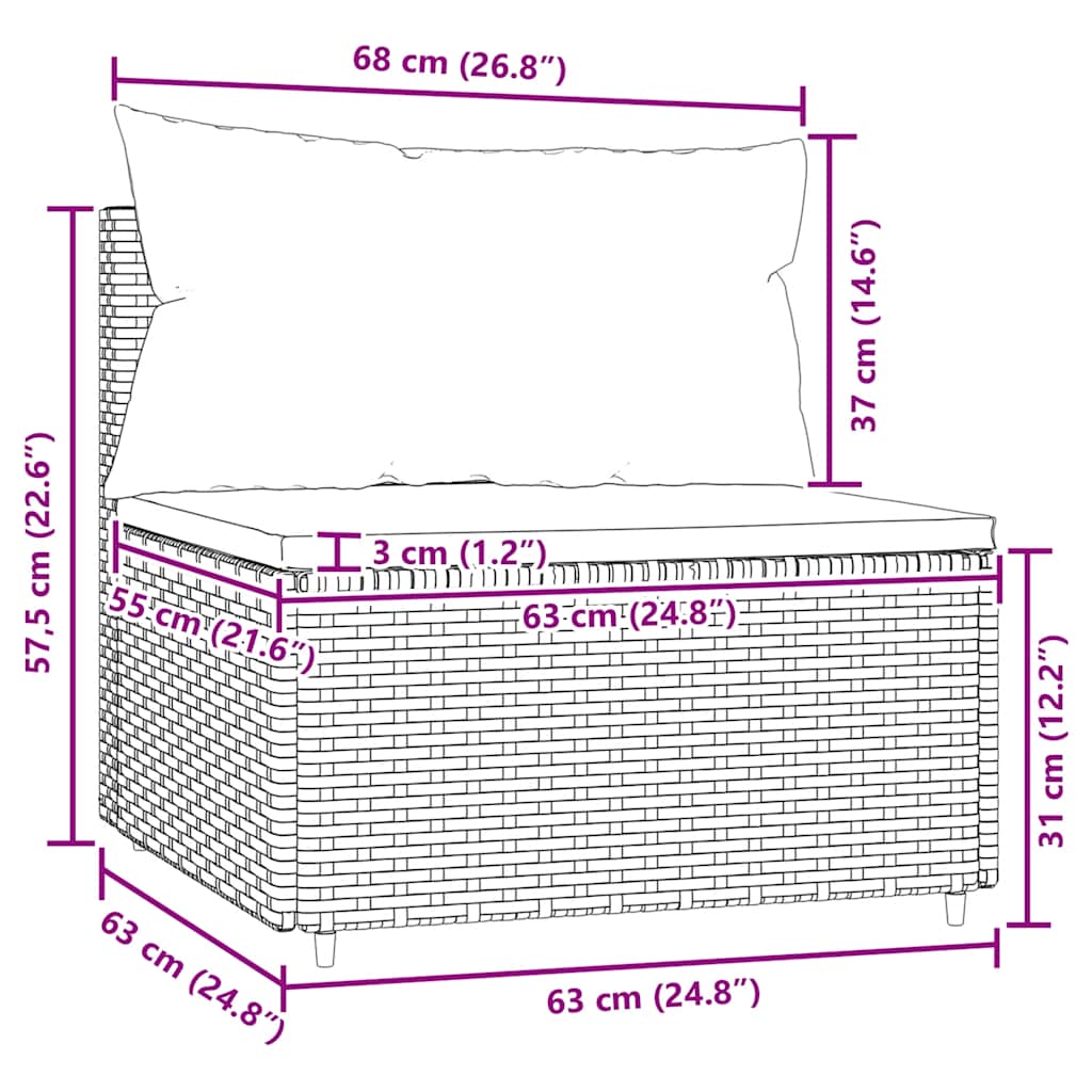 Divano Centrale da Giardino con Cuscini in Polyrattan Nero 319801