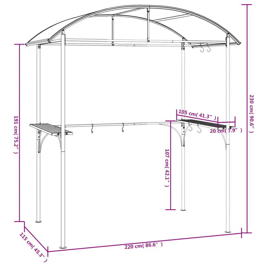 Gazebo Barbecue Ripiani Laterali Antracite 220x115x230 Acciaio 360138
