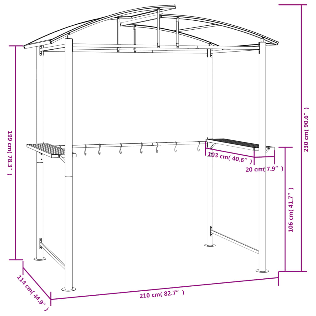 Gazebo Barbecue Ripiani Laterali Antracite 210x114x230 Acciaio 360139