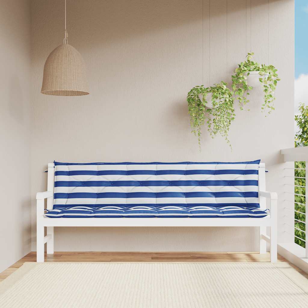 Cuscini Panca Giardino 2pz Righe Bianche Blu 200x50x7cm Tessuto 361747