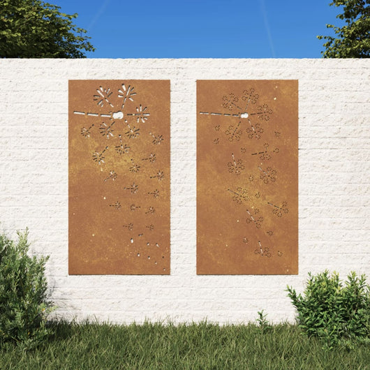 Decorazioni Muro da Giardino 2pz 105x55 cm Fiore Acciaio Corten 824495
