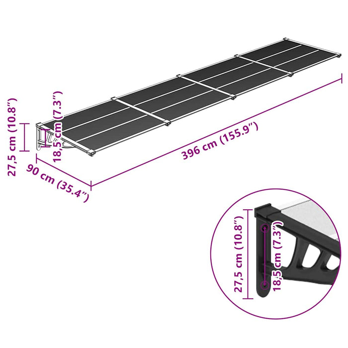Tettoia per Porta Nero e Trasparente 396x90 cm Policarbonato 153689