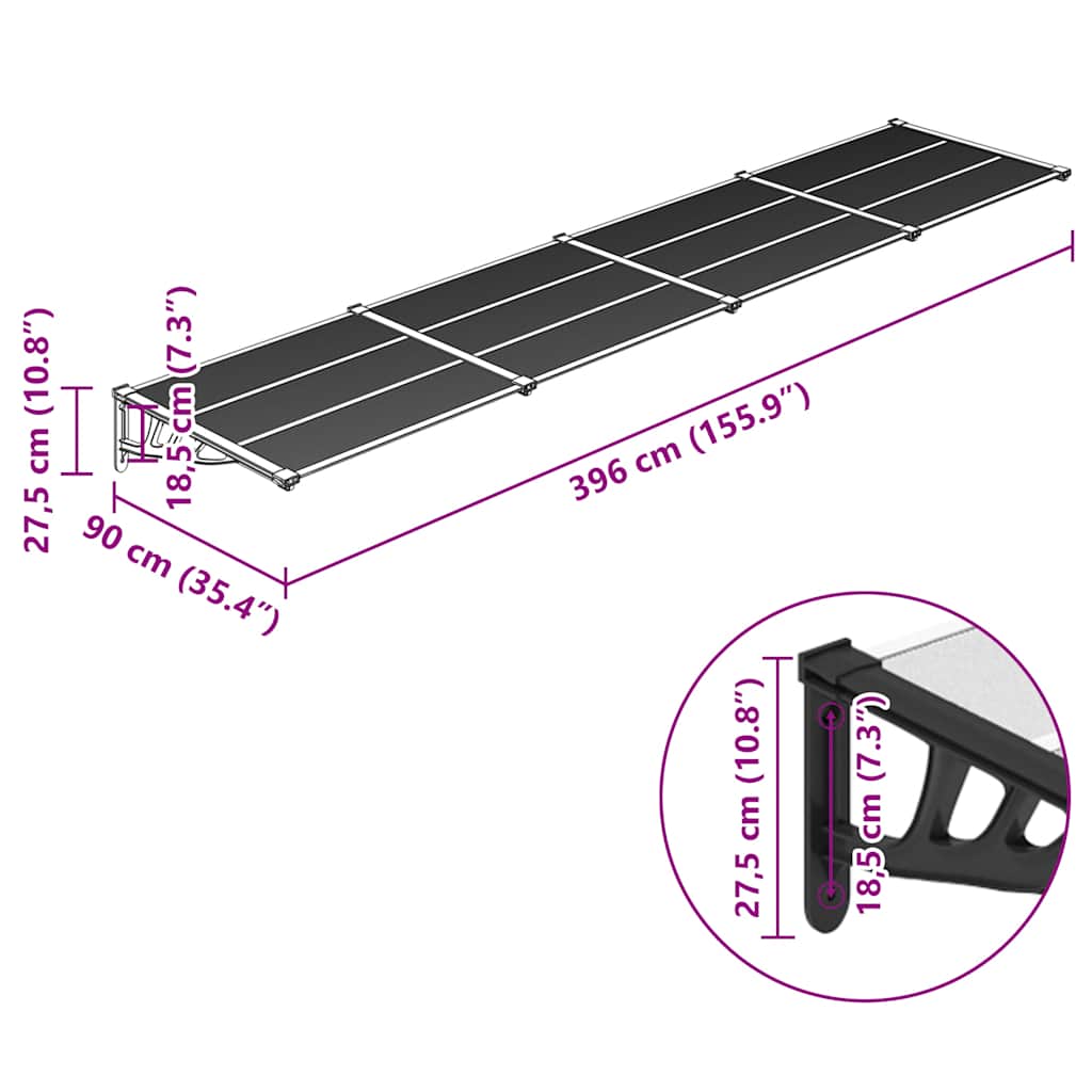Tettoia per Porta Nero e Trasparente 396x90 cm Policarbonato