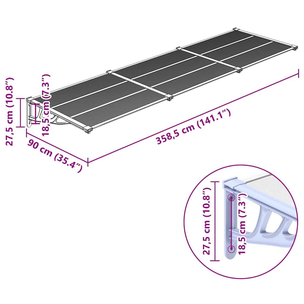 Tettoia per Porta Grigio e Trasparente 358,5x90cm Policarbonato 153695