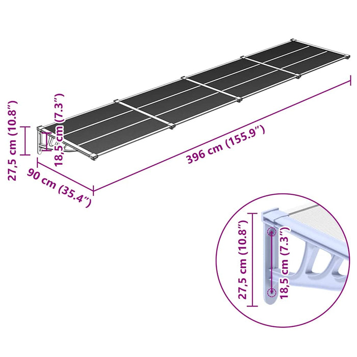Tettoia per Porta Grigio e Trasparente 396x90 cm Policarbonato 153696