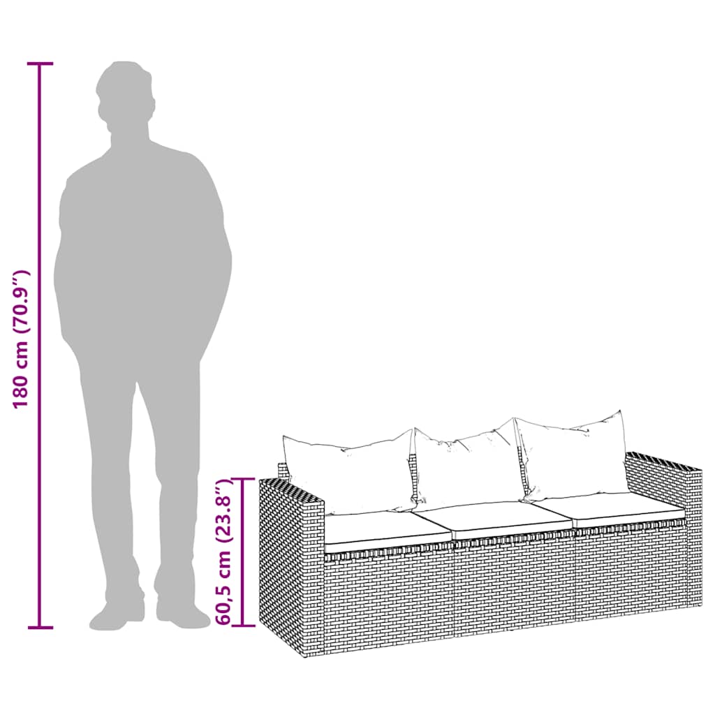 Divano da Giardino a 3 Posti con Cuscini in Polyrattan Grigio 362328