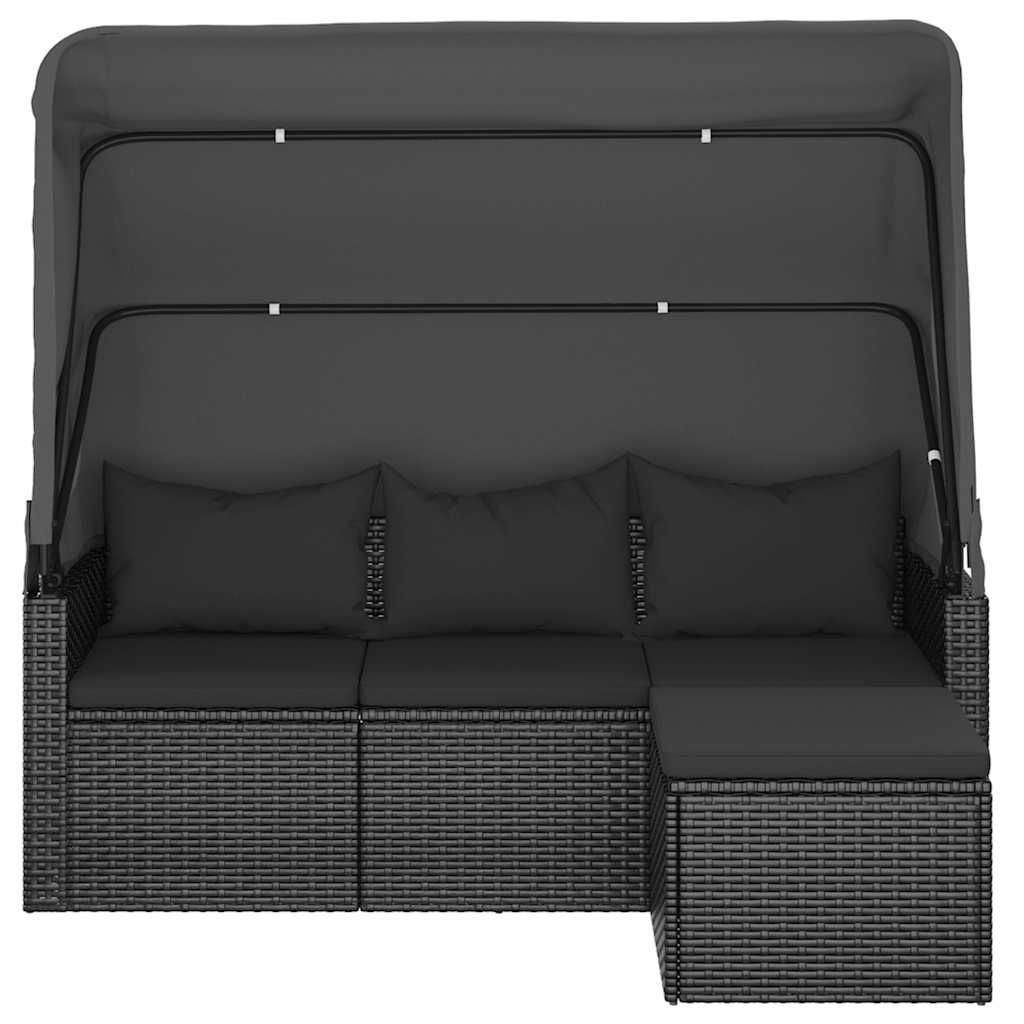 Divano Giardino 3 Posti con Tetto e Poggiapiedi-Sofa da Giardino-Divanetto da esterno Nero Polyrattan