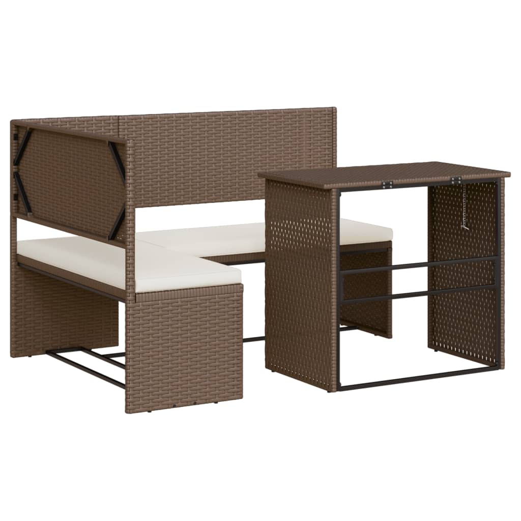 Divano da Giardino con Tavolo e Cuscini a L Marrone Polyrattan 362346