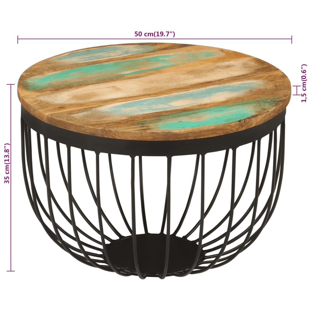Tavolino Ø50x35 cm in Legno Massello di Recupero e Acciaio 352025