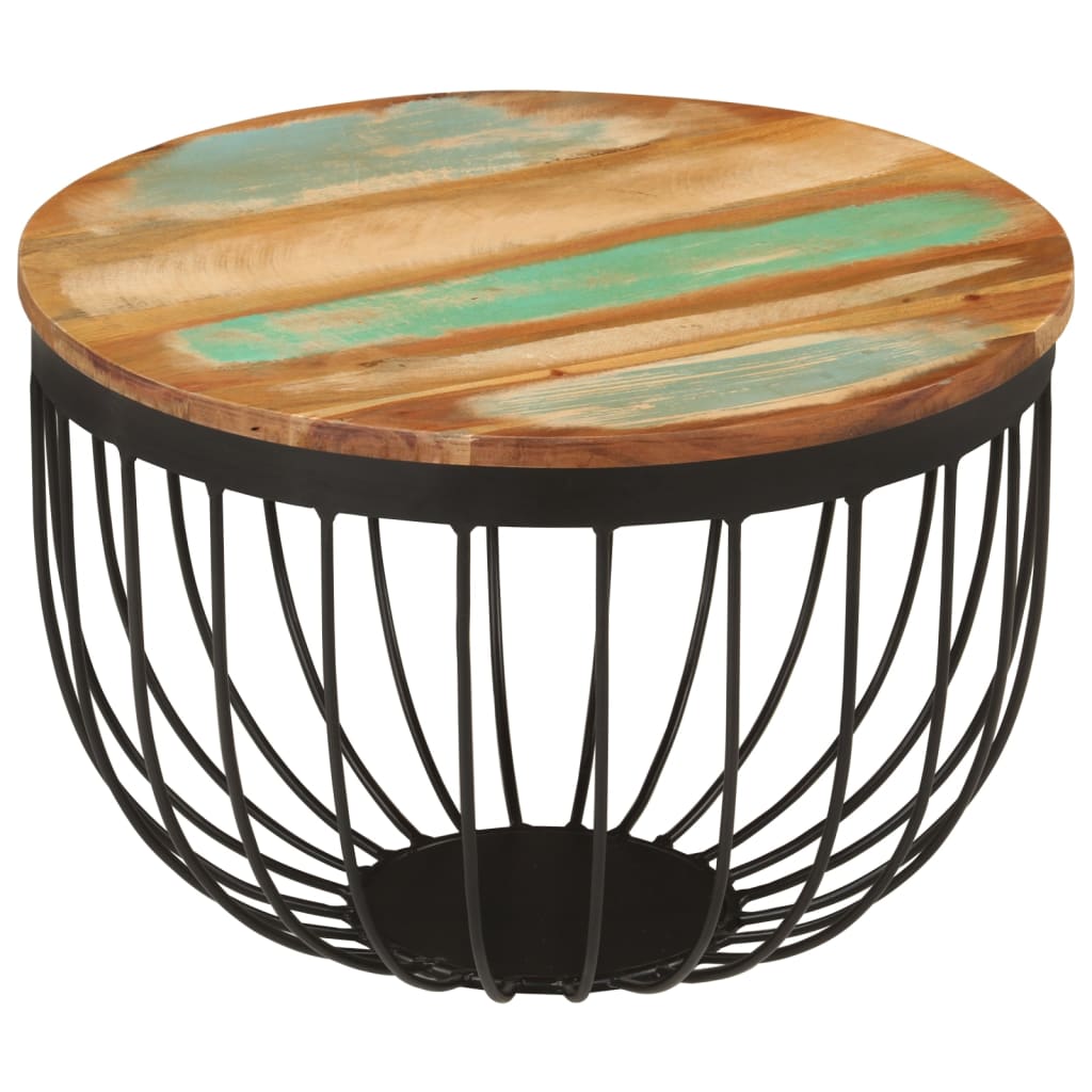 Tavolino Ø50x35 cm in Legno Massello di Recupero e Acciaio 352025