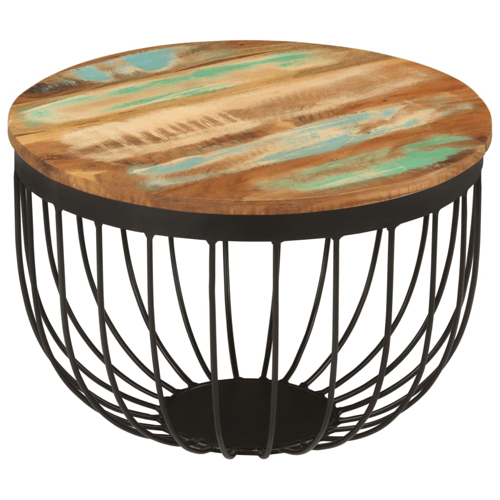 Tavolino Ø50x35 cm in Legno Massello di Recupero e Acciaio 352025