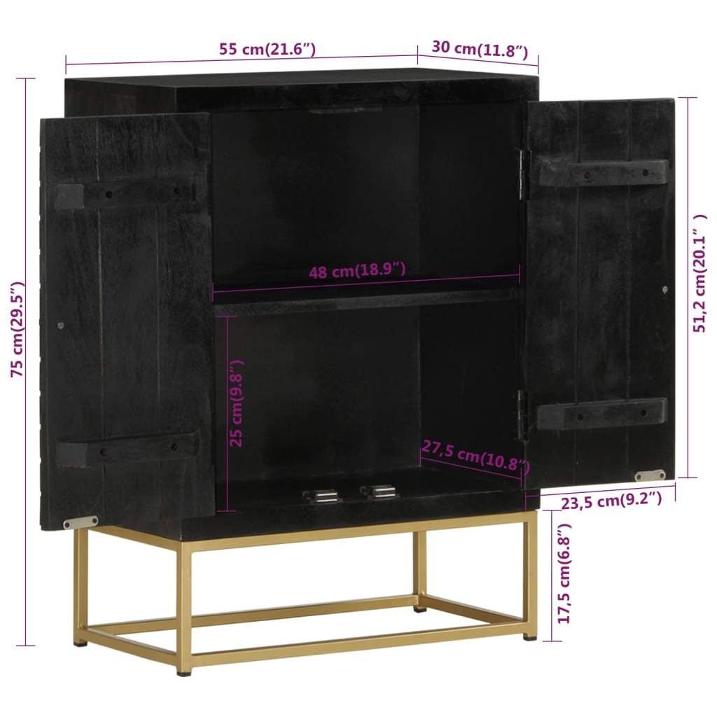 Credenza con 2 Ante-Buffet Nero e Oro 55x30x75 cm Legno Massello Mango