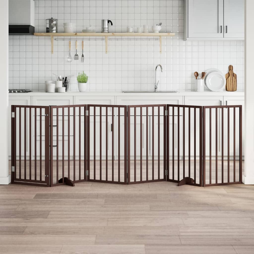 Cancelletto per cani con porta pieghevole 6 pannelli marrone 300 cm in legno di pioppo 352199