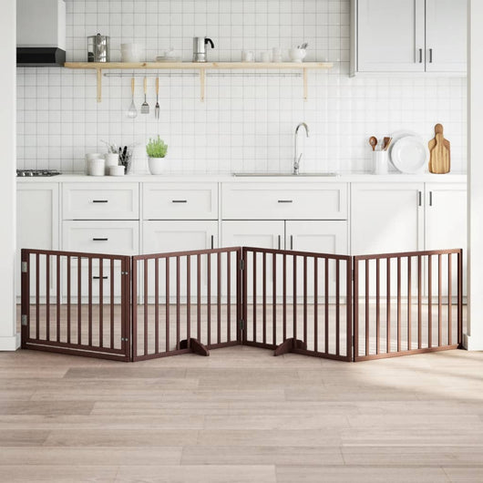 Cancelletto per cani con porta pieghevole 4 pannelli marrone 320 cm in legno di pioppo 352201